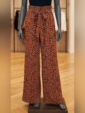 **Wide Leg Tie-Waist Pants in Rust Leopard Print W=18" to 19" INSEAM=27